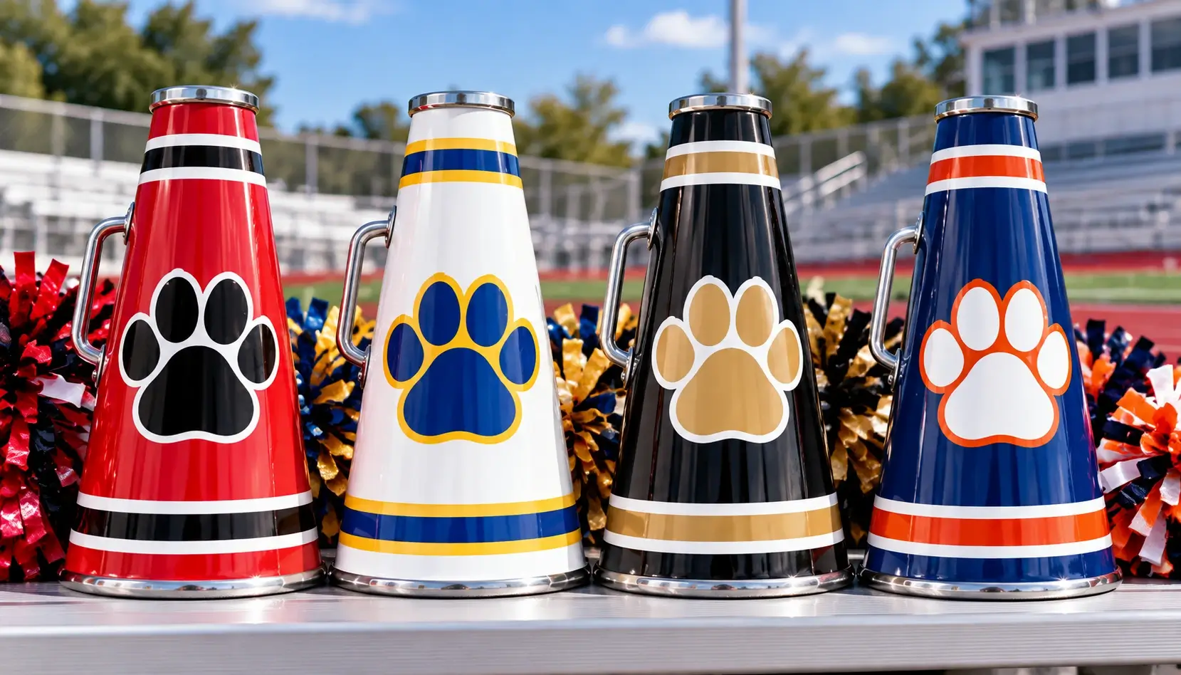 Four custom megaphones decorated in different school color combinations with coordinating paw print graphics at an athletic field